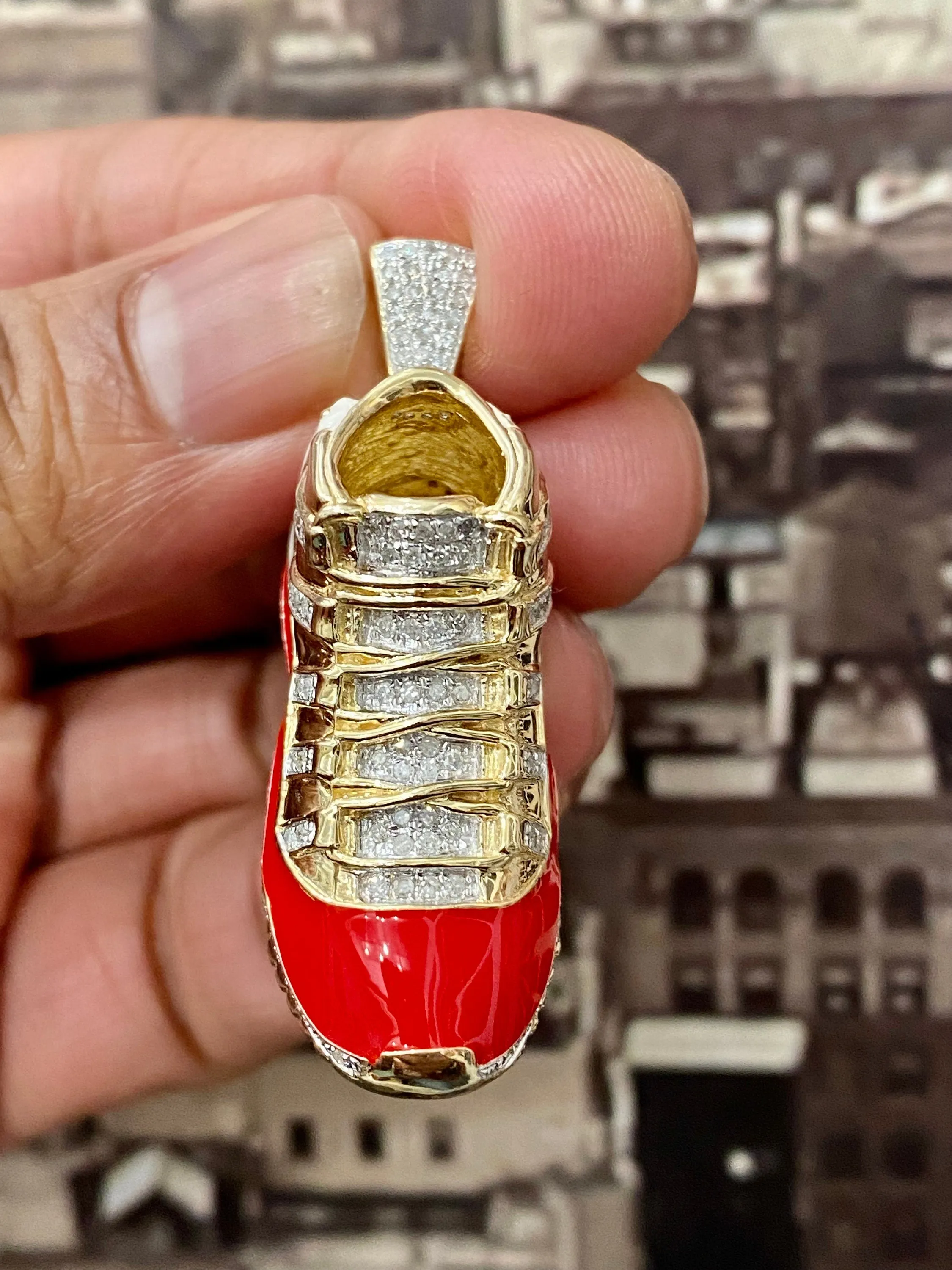 10k Yellow Gold Diamond Jumpman Jordan 23 1.2ct  Diamond Red Shoe 2.0' Pendant - custom jewelry