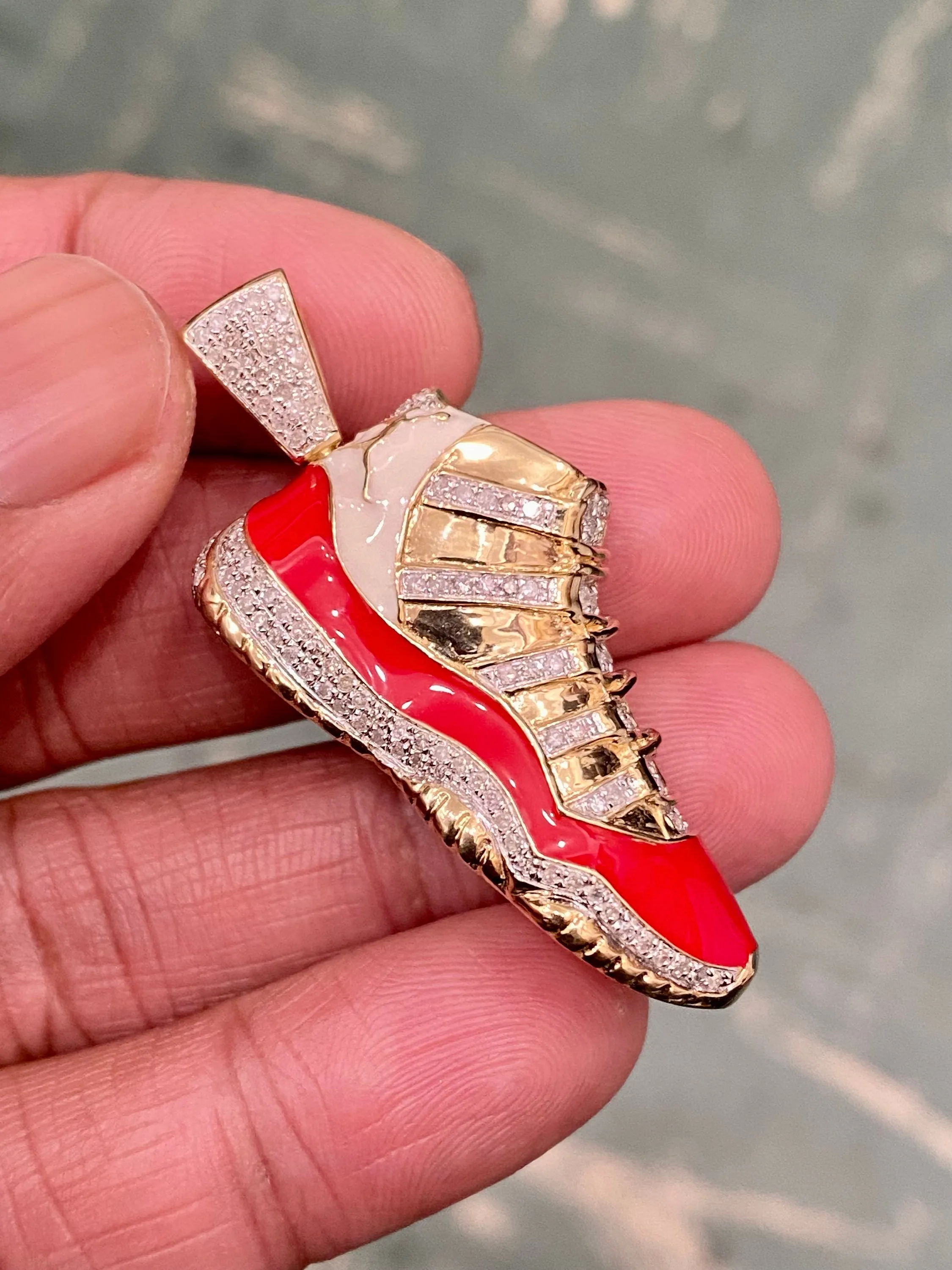 10k Yellow Gold Diamond Jumpman Jordan 23 1.2ct  Diamond Red Shoe 2.0' Pendant - custom jewelry