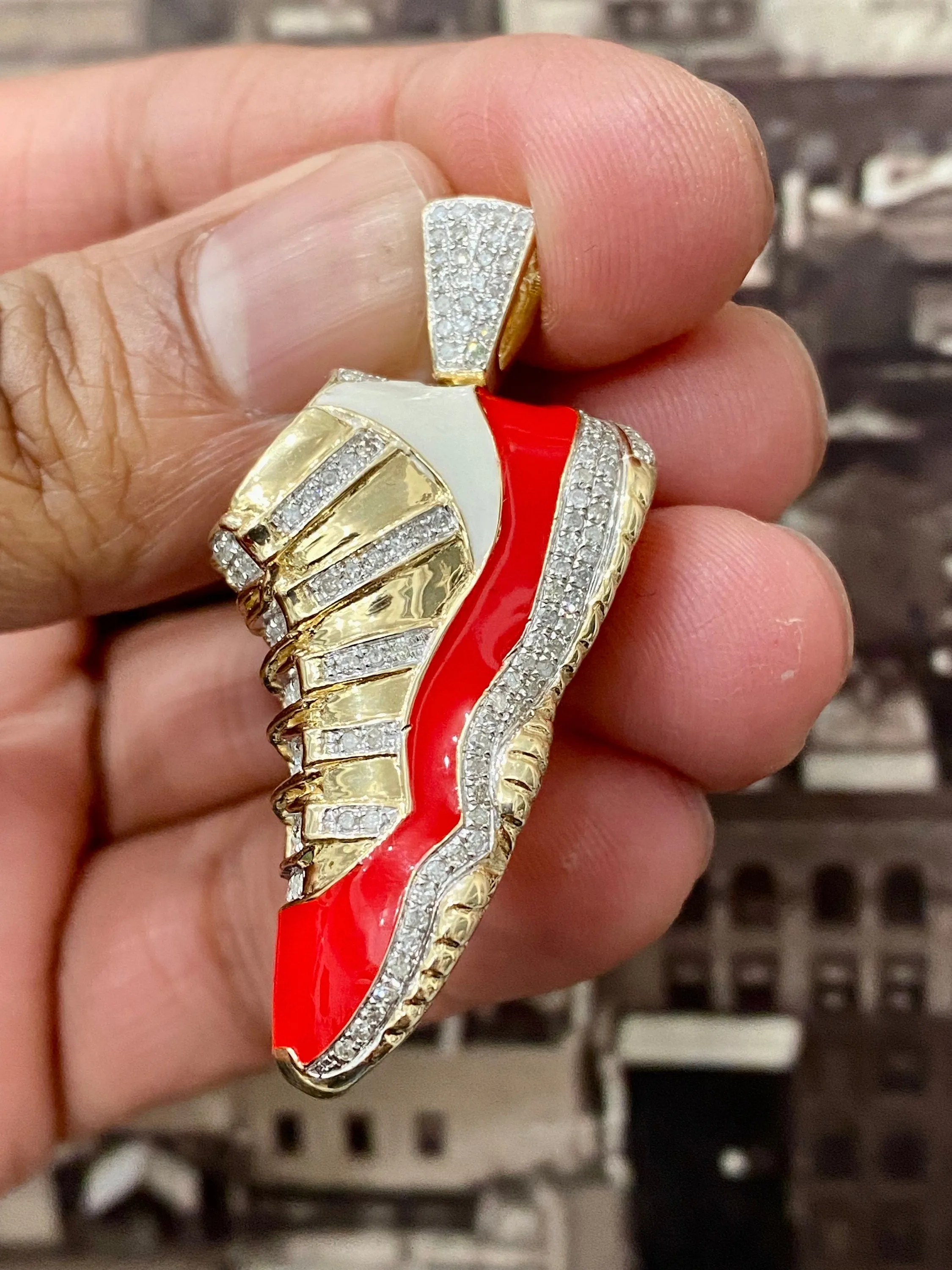 10k Yellow Gold Diamond Jumpman Jordan 23 1.2ct  Diamond Red Shoe 2.0' Pendant - custom jewelry