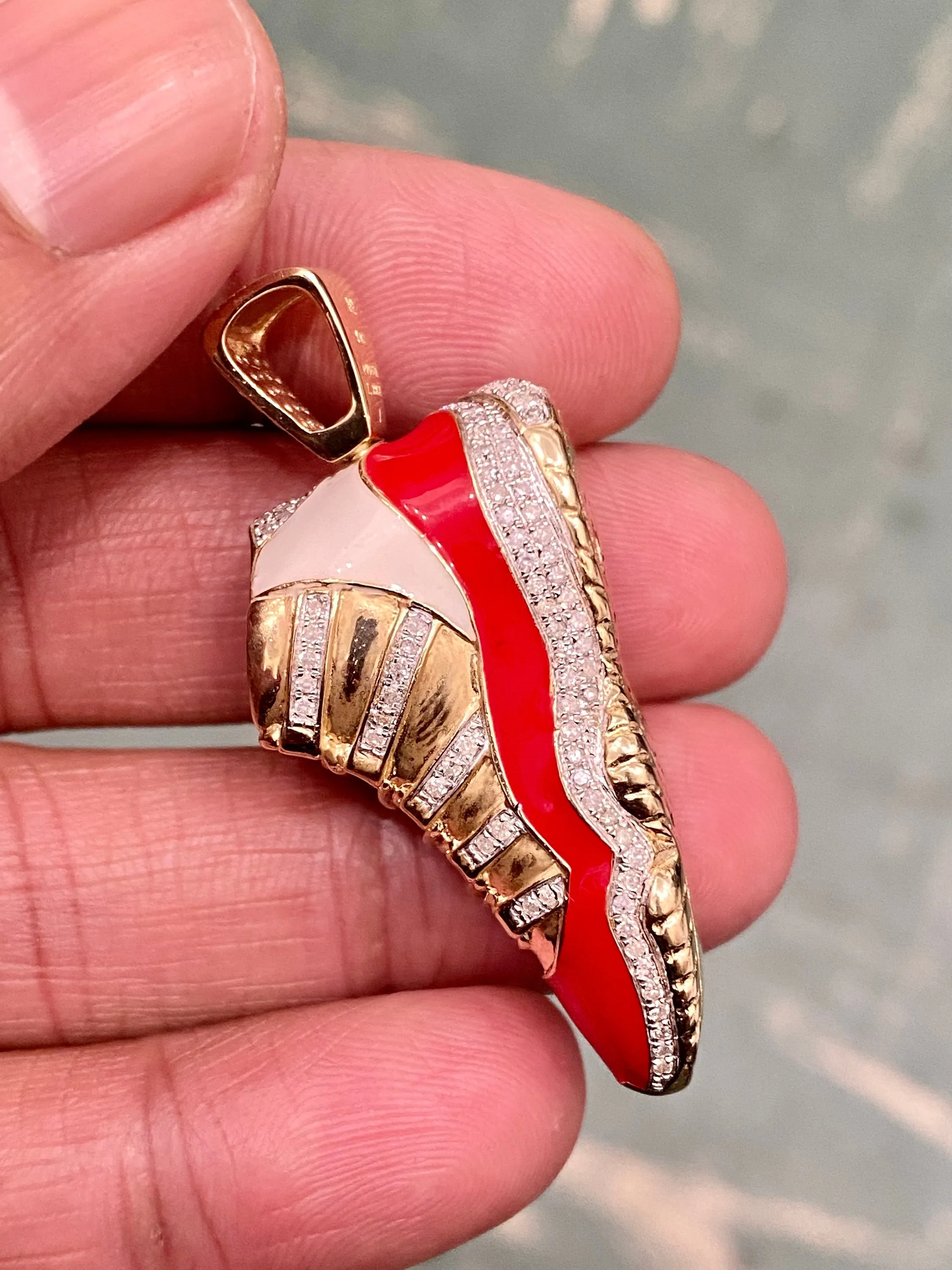 10k Yellow Gold Diamond Jumpman Jordan 23 1.2ct  Diamond Red Shoe 2.0' Pendant - custom jewelry