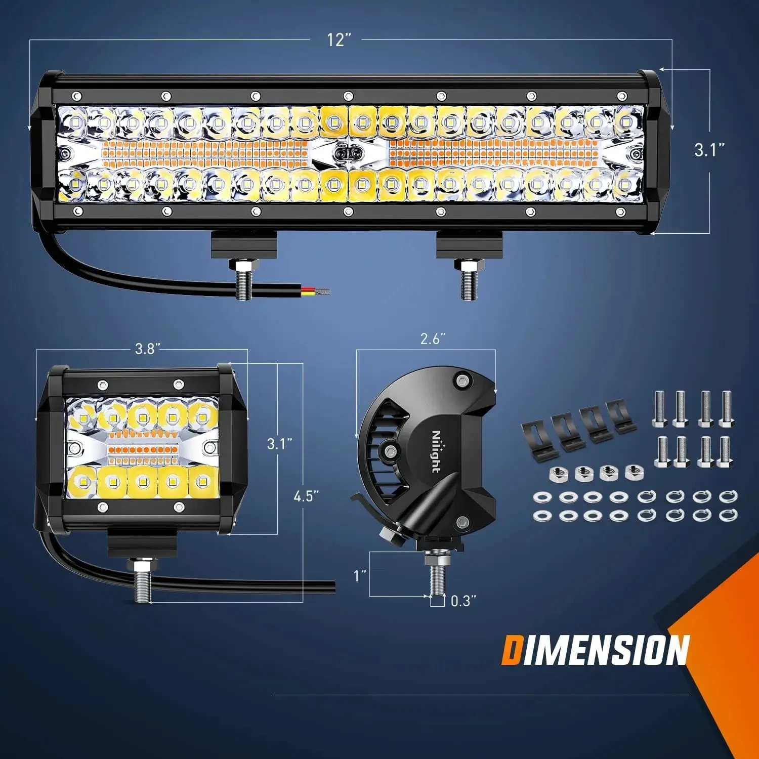 12 Inch 300W Amber White Led Light Bar Kit | 2PCS 4 Inch 60W Light Pods | 16AWG Wire