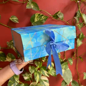 Blue Collapsible Golden Printed Rigid Hamper Box/Gift Box With Ribbon (8.5x8x3.5")