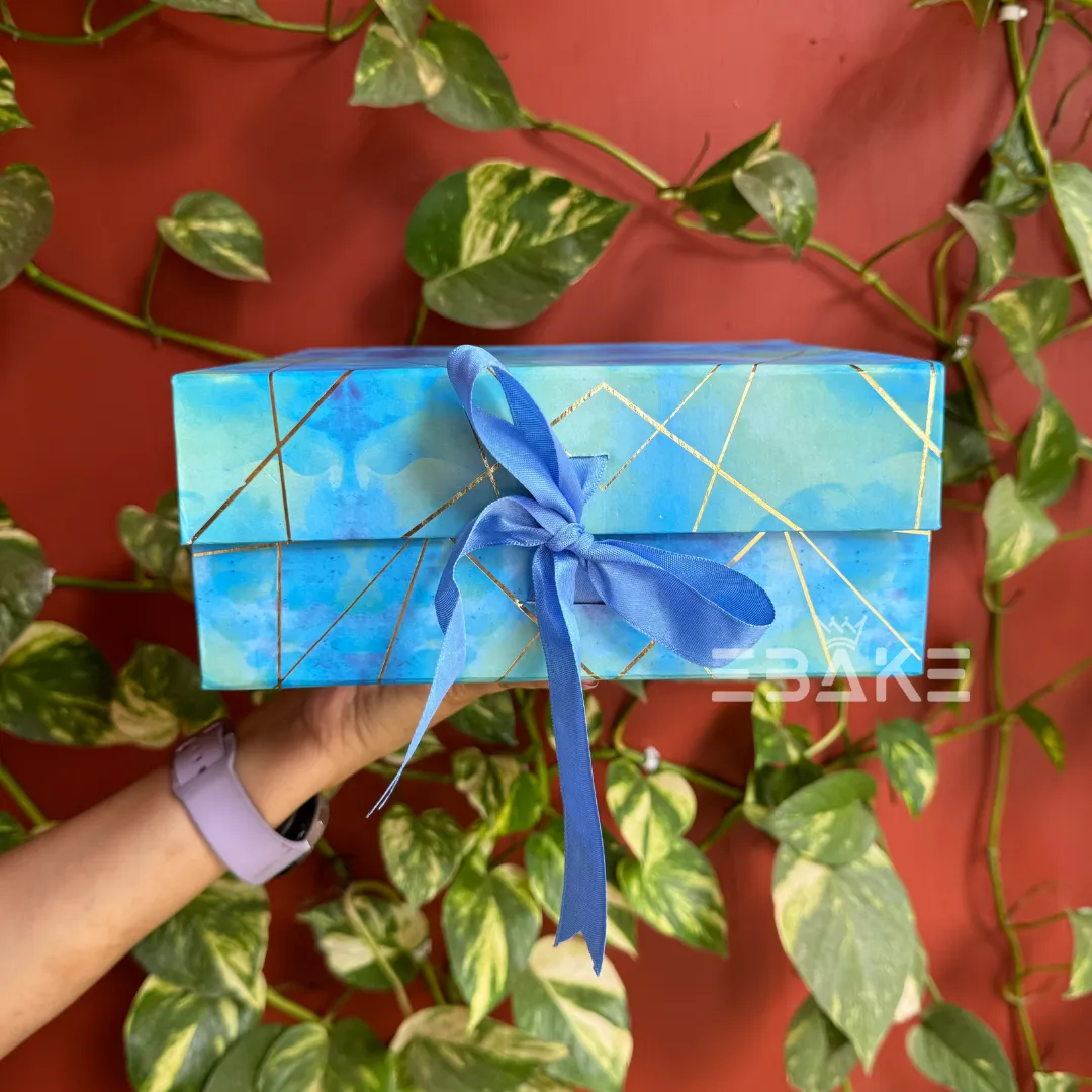 Blue Collapsible Golden Printed Rigid Hamper Box/Gift Box With Ribbon (8.5x8x3.5")