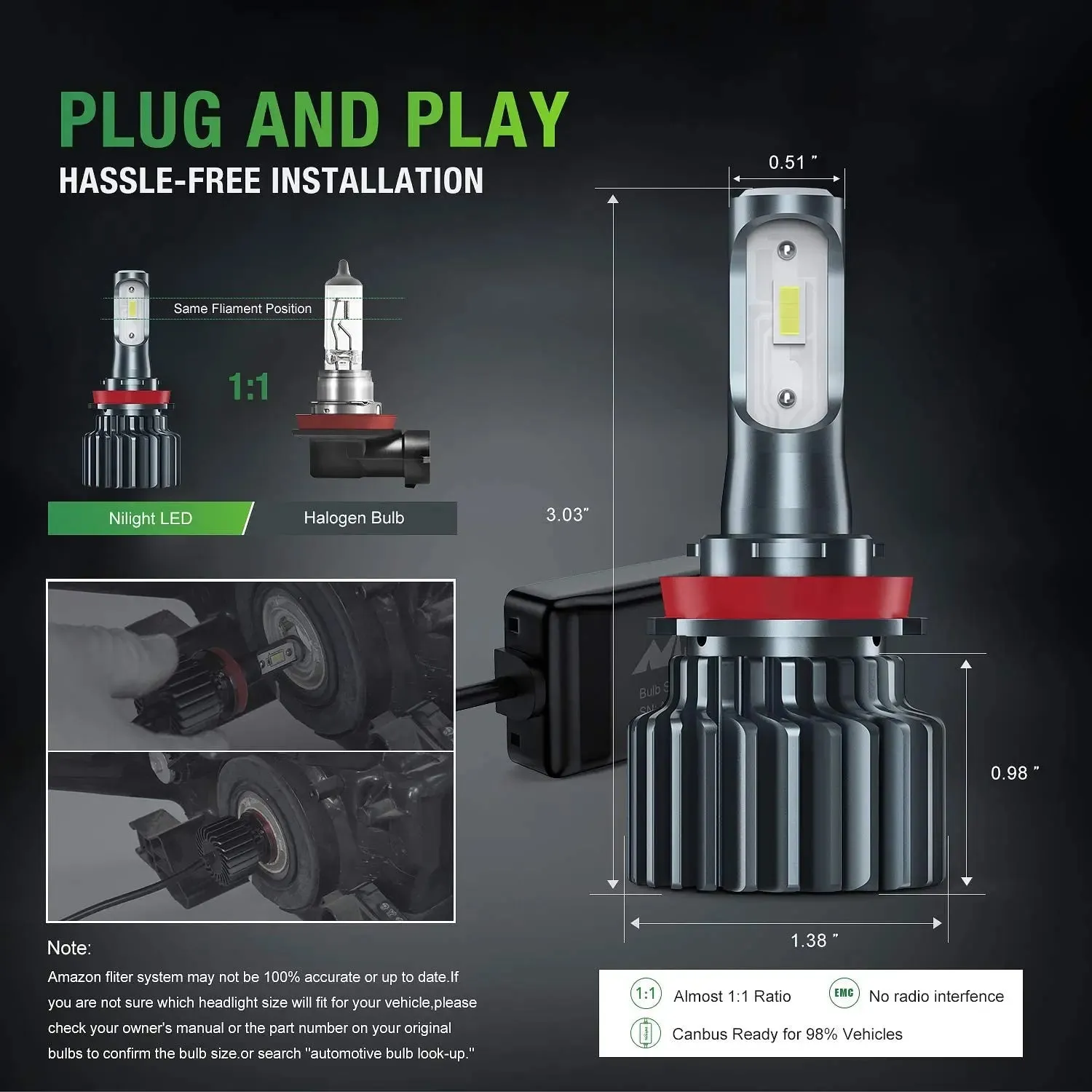 Nilight H11/H8/H9 LED Headlight Bulbs, 500% Brighter H11 LED Headlights Conversion Kit 6000K Cool White IP67, Pack of 2
