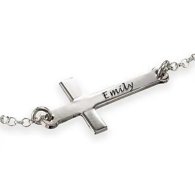 Sterling Silver Engraved Sideways Cross Bracelet