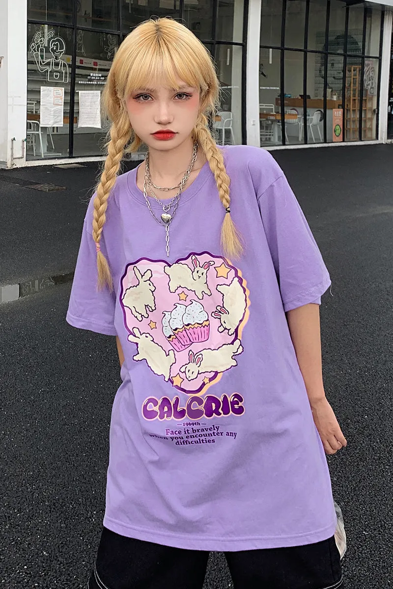 Summer Soft Girl Style Purple Graffiti Print Oversize T-shirt