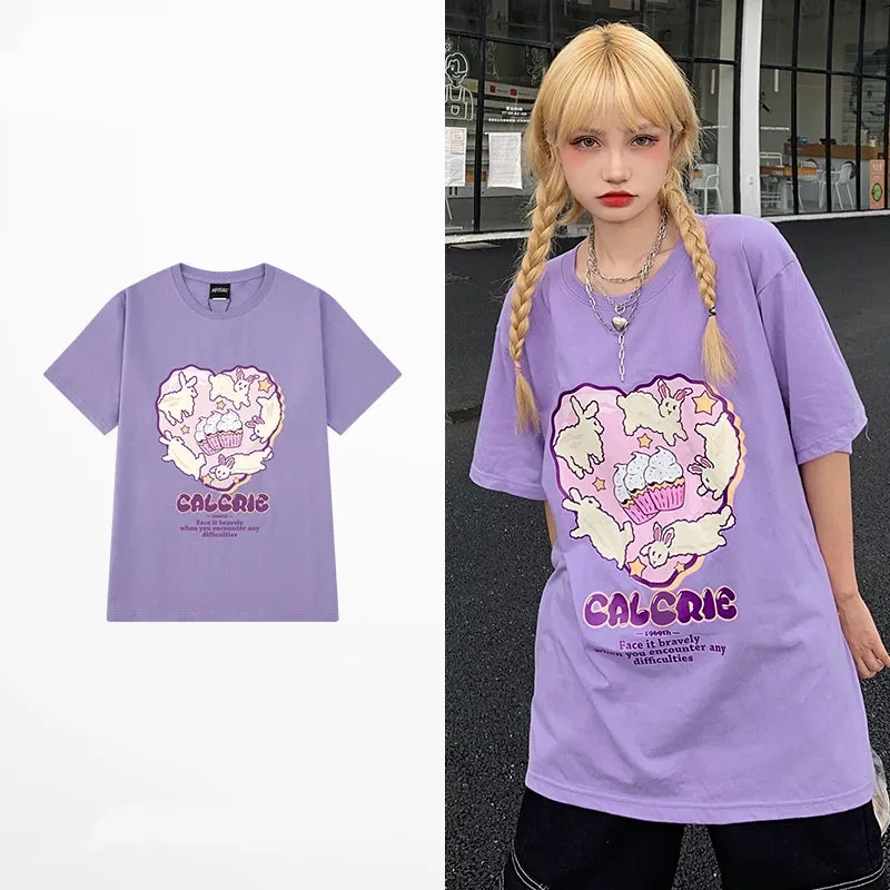 Summer Soft Girl Style Purple Graffiti Print Oversize T-shirt