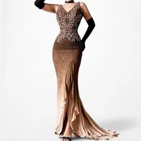 Vintage Brown Beaded Ombre Ruffle Formal Maxi Prom Dress Size S